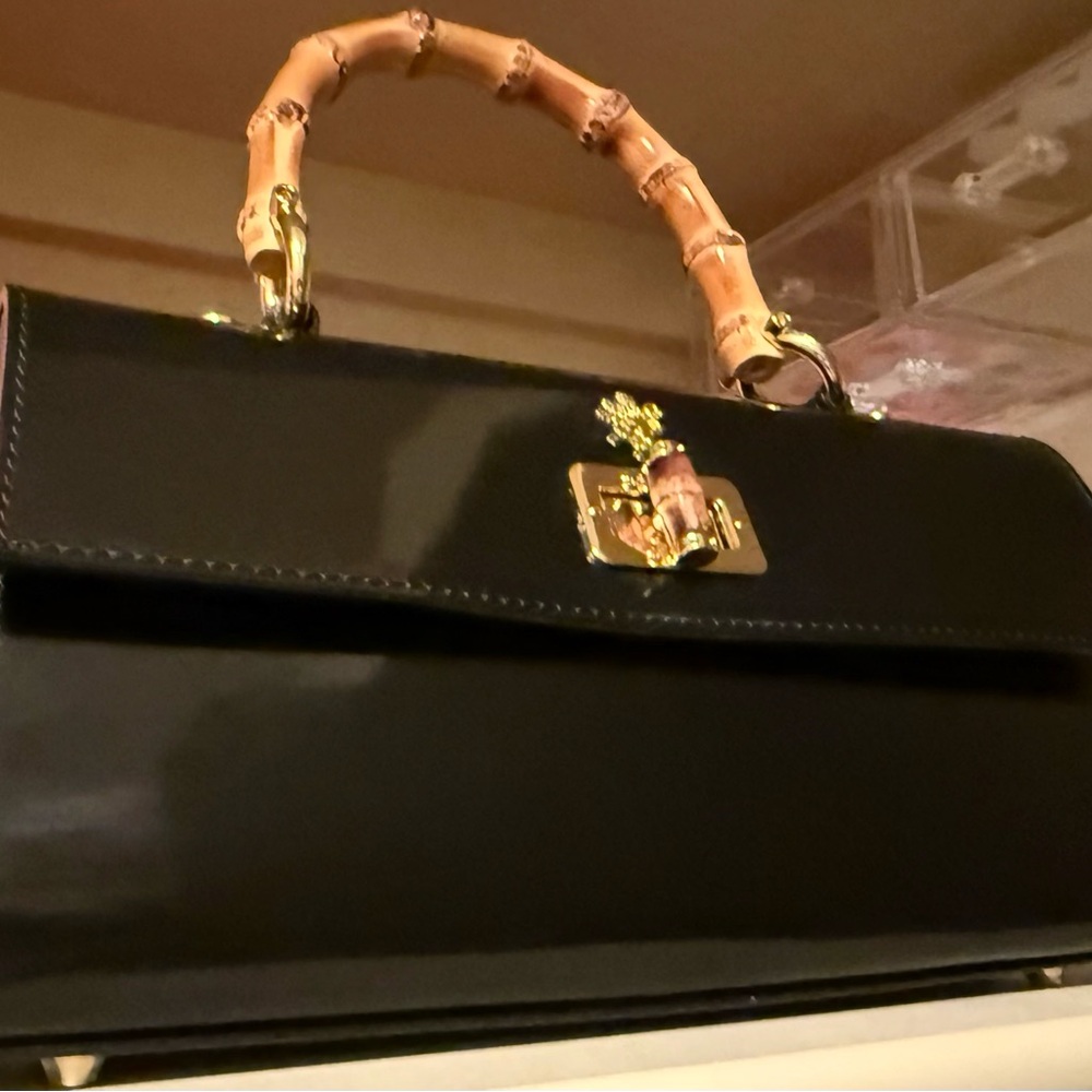 Chic Black Satchel with Bamboo Handle